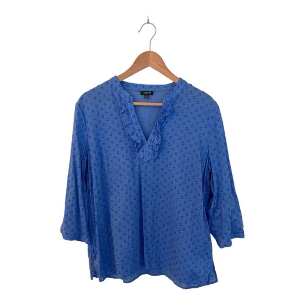 Talbots Women’s Popover Eyelet V-Neck Blouse Navy Lightweight Cotton 3/4 Sleeve